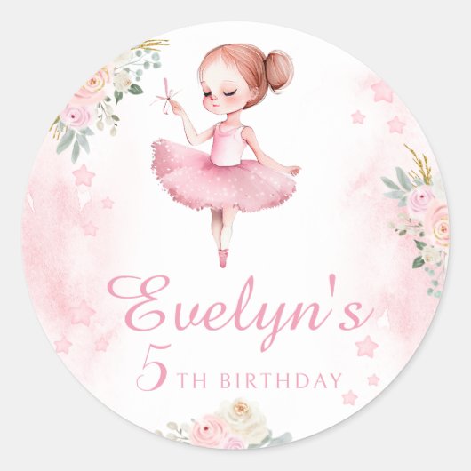 Roze kleine ballerina meisje verjaardagsronde stic ronde sticker (Voorkant)