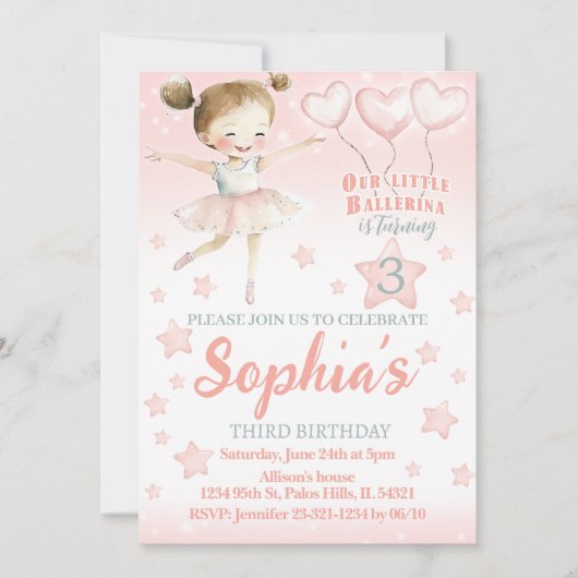 Roze kleine ballerina sparkly verjaardagsuitnodigi kaart (Voorkant)