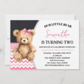 Roze Kleine Beer Verjaardag Roze Chevron Teddybeer Kaart (Voorkant)