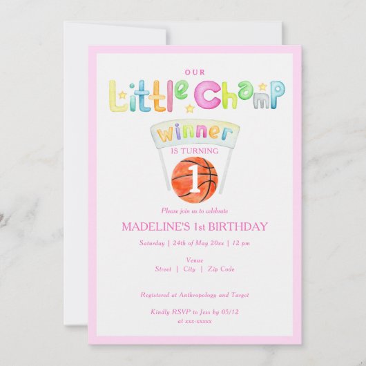 Roze Kleine Champ Basketbal Elke leeftijd Meisje V Kaart (Voorkant)