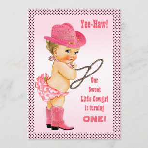 Roze Kleine Cowgirl Polka Dots 1e Verjaardag Kaart