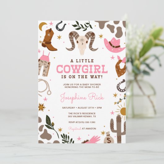 Roze Kleine Cowgirl Western Rodeo Baby shower Kaart (Staand voorkant)