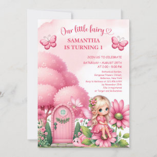 Roze kleine fee zittend op bloemen meisje verjaard kaart