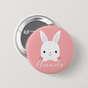 Roze kleine inktkonijn met aangepaste naam ronde button 5,7 cm