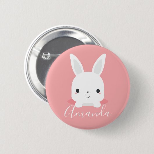 Roze kleine inktkonijn met aangepaste naam ronde button 5,7 cm (Voorkant /achterkant)
