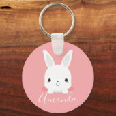 Roze kleine inktkonijn met aangepaste naam sleutelhanger (Voorkant)