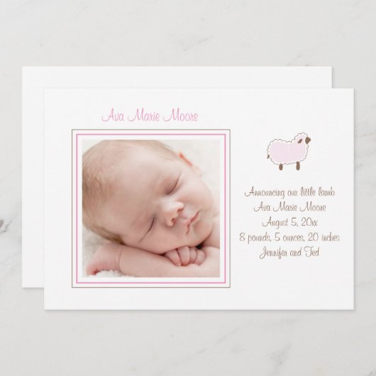 Roze kleine lammeren aankondiging (Voorkant / Achterkant)