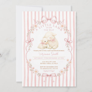 Roze kleine lammetje babyshower strepen uitnodigin kaart