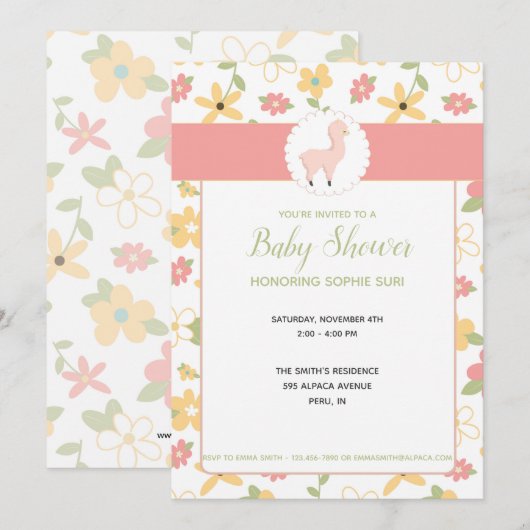  Roze Kleine Llama Baby shower Uitnodigen Kaart (Voorkant / Achterkant)