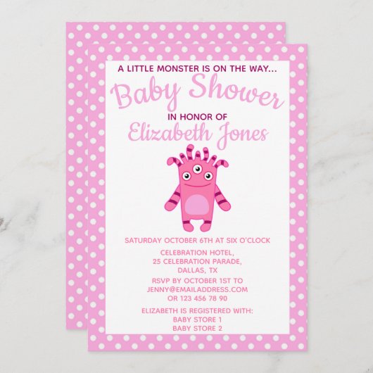 Roze kleine monoster Baby shower uitnodiging (Voorkant / Achterkant)