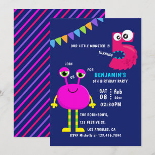 Roze Kleine Monster 5e Verjaardagsfeestje Kaart