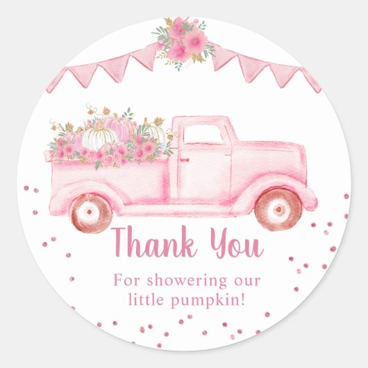 Roze kleine pompoen Baby shower Dank u Ronde Sticker (Voorkant)