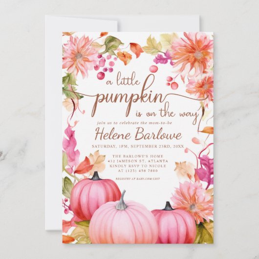 Roze Kleine Pompoen Bloemen Herfst Baby shower Kaart (Voorkant)