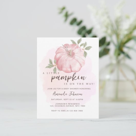 Roze Kleine Pompoen Herfst Baby shower Invitation Briefkaart (Staand voorkant)