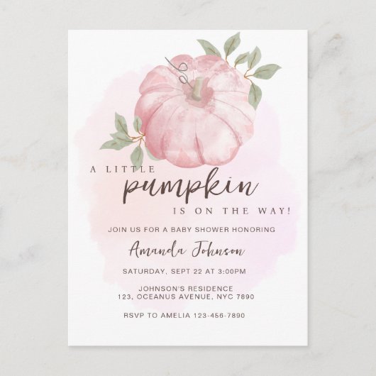 Roze Kleine Pompoen Herfst Baby shower Invitation Briefkaart (Voorkant)