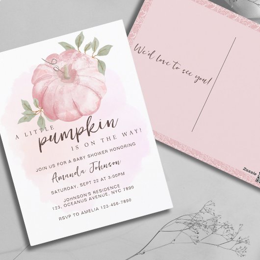 Roze Kleine Pompoen Herfst Baby shower Invitation Briefkaart