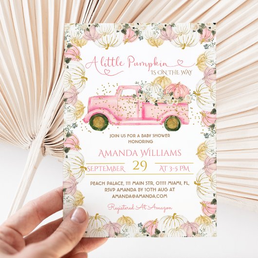 Roze Kleine Pompoen Herfst Baby shower Invitation Kaart