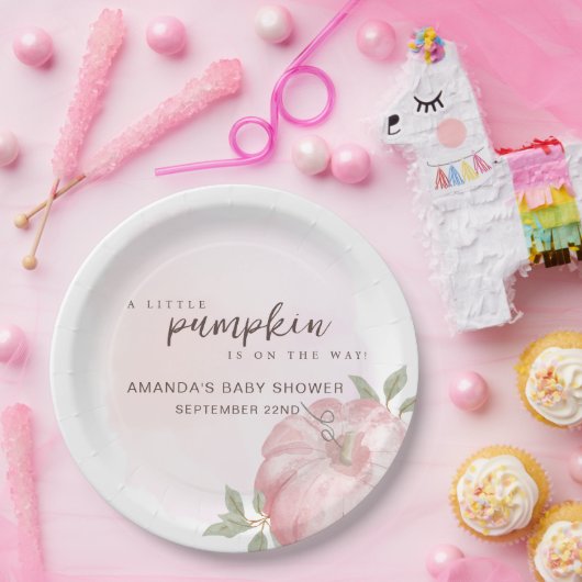 Roze Kleine Pompoen Herfst Herfst Baby shower Papieren Bordje (Feest)
