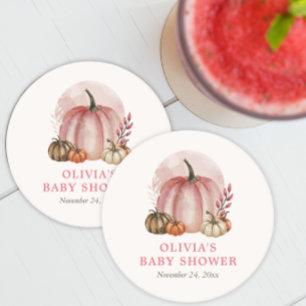 Roze Kleine Pompoen Herfst Lief Meisje Baby Shower Ronde Kartonnen Onderzetter