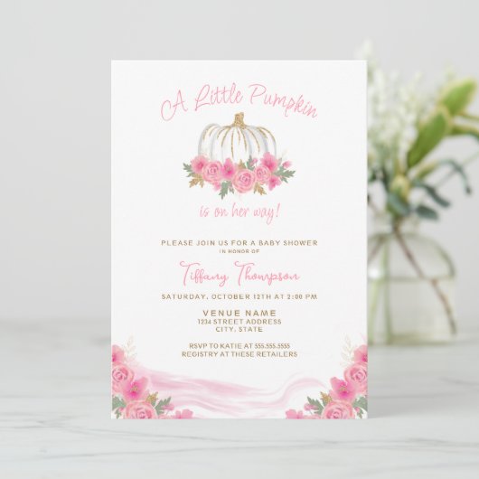 Roze Kleine Pompoen Herfst Meisje Baby shower Kaart (Staand voorkant)