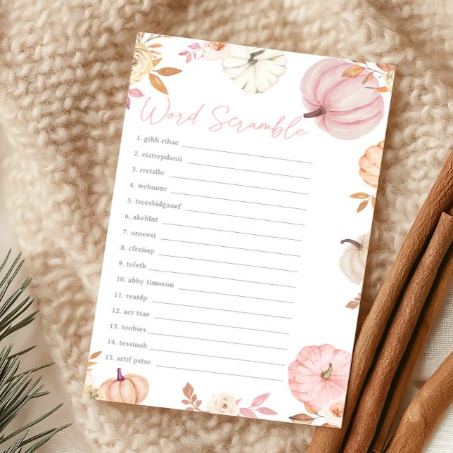 Roze Kleine Pompoen Herfst Woordzoekspel (Girl Little Pumpkin Fall Baby Shower Word Scramble Game)