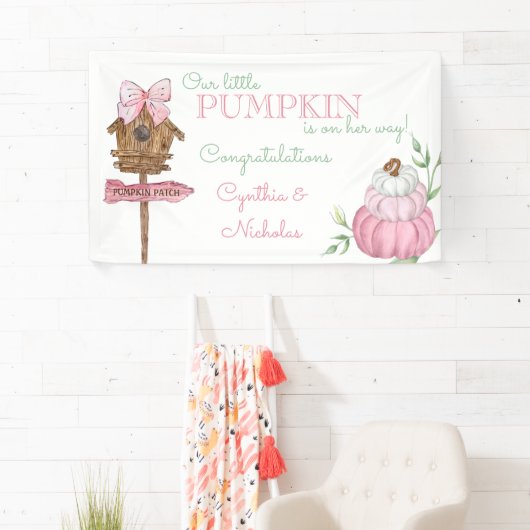 Roze Kleine Pompoen Patch Meisje Baby shower Spandoek (Insitu)