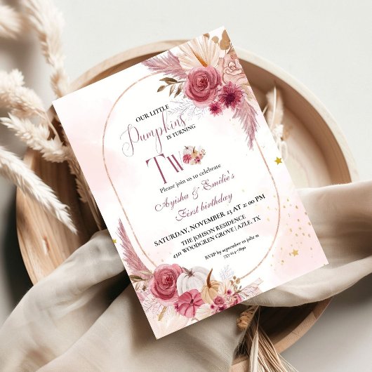 Roze Kleine Pompoen Tweeling Meisje 2e Verjaardag Kaart