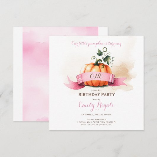 Roze Kleine Pompoen Verjaardagsfeestuitnodiging Kaart (Voorkant / Achterkant)