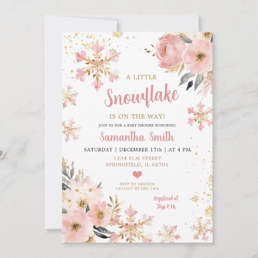 Roze kleine sneeuwvlok op weg naar de kerstdouche kaart (Voorkant)