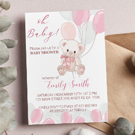Roze Kleine Teddybeer Baby shower Uitnodiging
