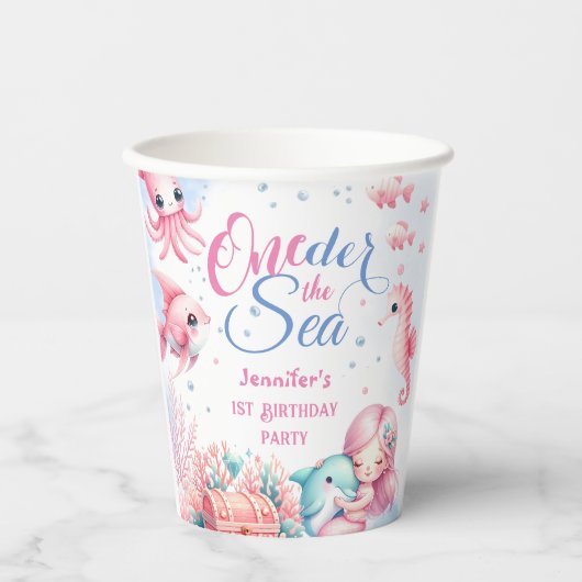 Roze Kleine Zeemeermin 1e Verjaardagspapier Papieren Bekers (Voorkant)