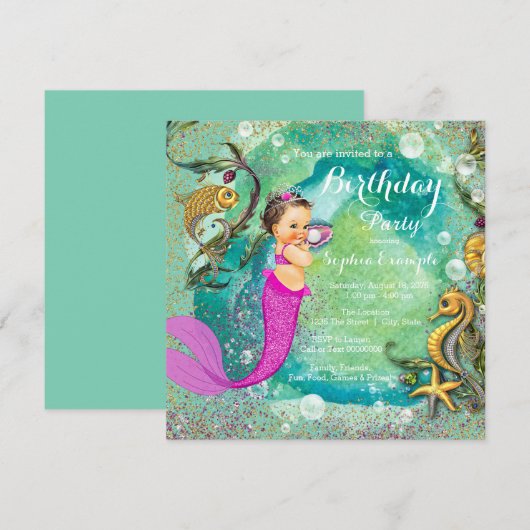 Roze kleine zeemeermin onder het Zee verjaardagsfe Kaart (Voorkant / Achterkant)