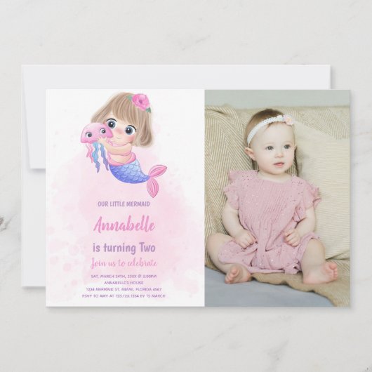 Roze Kleine Zeemeermin Verjaardag Uitnodiging met  (Voorkant)