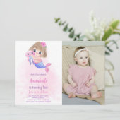 Roze Kleine Zeemeermin Verjaardag Uitnodiging met  (Staand voorkant)