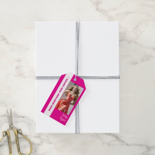 Roze Kleur Pop Custom Foto Labels Cadeaulabel (Met Touw)