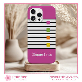 Roze kleurblok zwarte strepen monogram iPhone 15 case