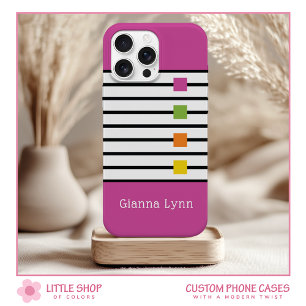 Roze kleurblok zwarte strepen monogram iPhone 15 case