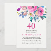 Roze kleurige Floral 40e verjaardag van de uitnodi Kaart (Voorkant / Achterkant)