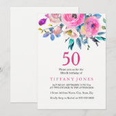 Roze kleurige Floral 50th Birthday Party Invite Kaart (Voorkant / Achterkant)