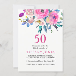 Roze kleurige Floral 50th Birthday Party Invite Kaart