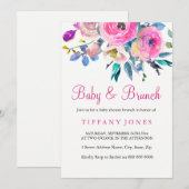 Roze kleurige Floral Baby en Brunch Invite Kaart (Voorkant / Achterkant)