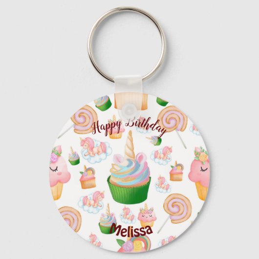 Roze kleurige naam Birthday Cupcake Unicorn Sleutelhanger (Voorkant)