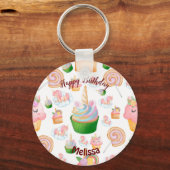 Roze kleurige naam Birthday Cupcake Unicorn Sleutelhanger (Voorkant)