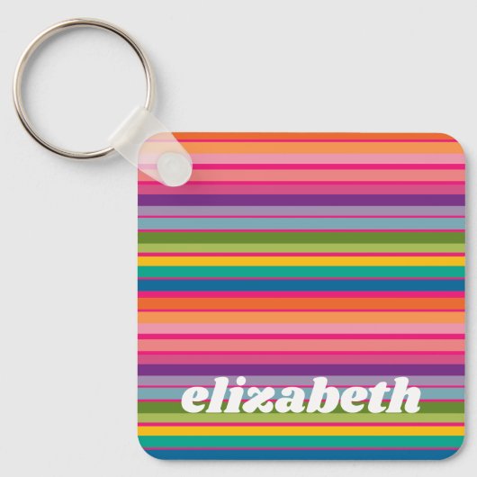 Roze & Kleurrijk Gestreept Patroon met Funky Naam Sleutelhanger (Voorkant)