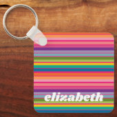 Roze & Kleurrijk Gestreept Patroon met Funky Naam Sleutelhanger (Voorkant)