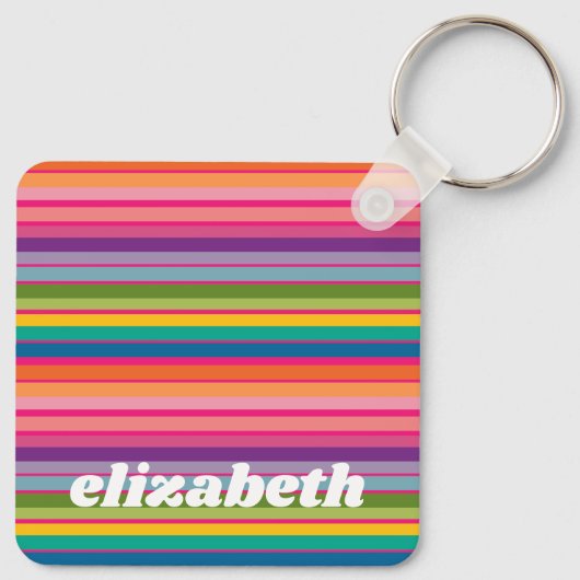 Roze & Kleurrijk Gestreept Patroon met Funky Naam Sleutelhanger (Achterkant)