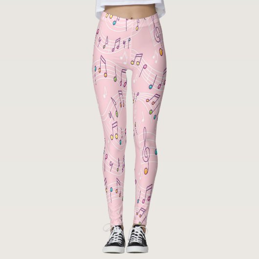 Roze kleurrijk muzieknotitiepatroon muzikant leggings (Voorkant)