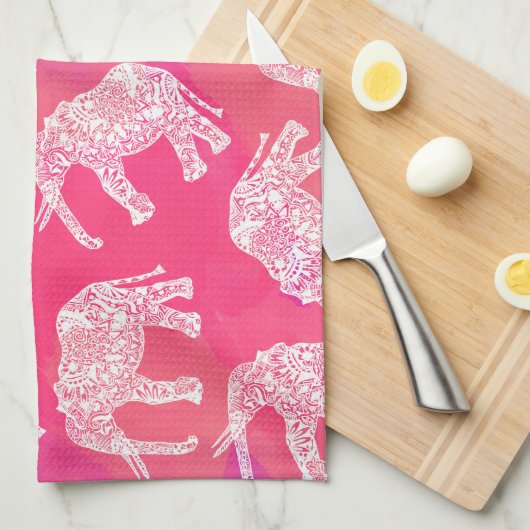 roze kleurrijk stammenolifantenpatroon theedoek (Quarter Fold)