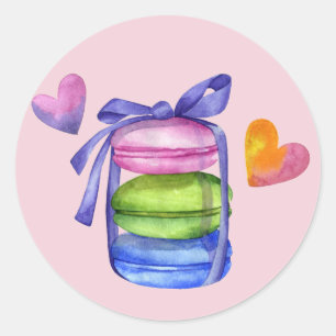Roze Kleurrijke Aquarel Macaron Gebak Frans Ronde Sticker