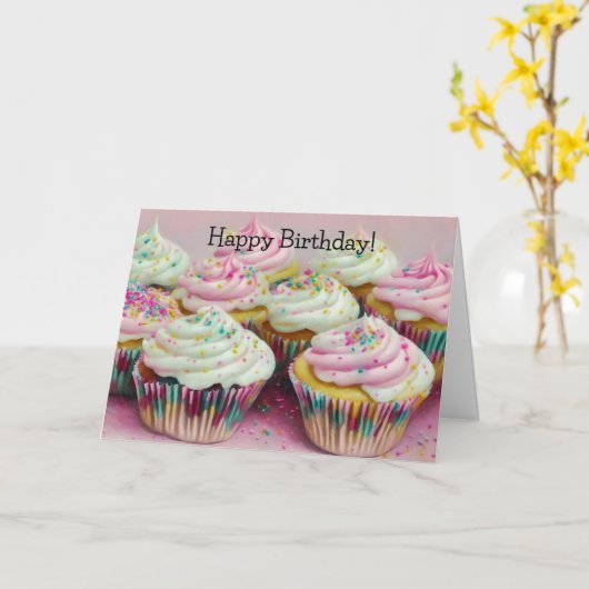 Roze Kleurrijke Cupcakes Fun Art Verjaardag Kaart (Gele Bloem)